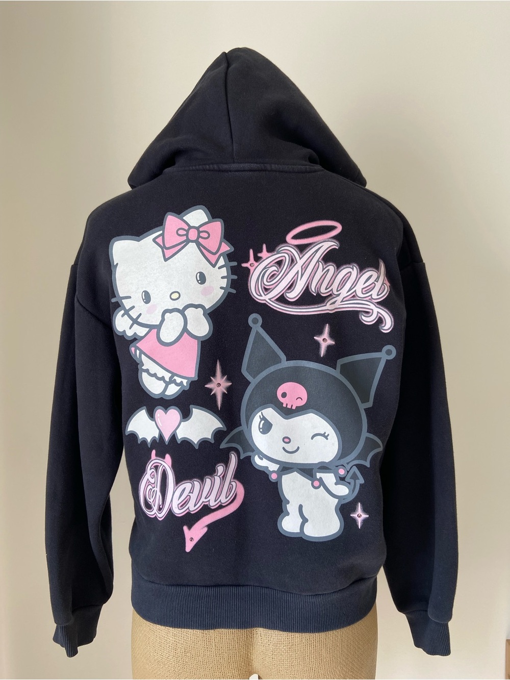 Bershka Black Kids Hoodie with Pink & White Hello Kitty x Kuromi Graphics